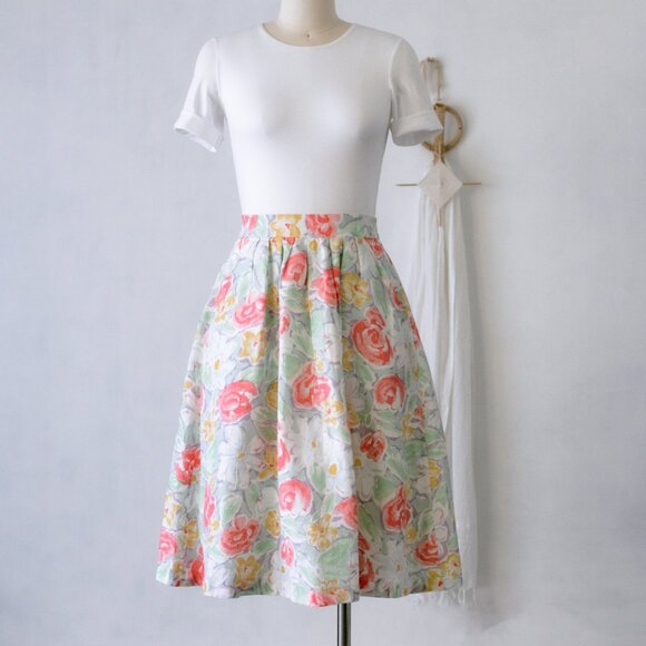 V I N T A G E 90's Irish Linen Floral Print Pleated Midi Skirt - Picture 2 of 5